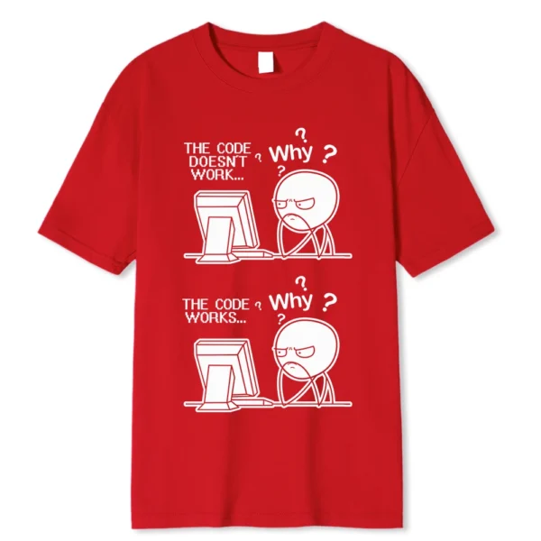 Funny "Code Works Why?" programmer t-shirt.