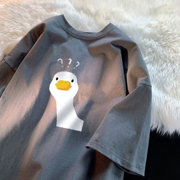 Women's white cotton t-shirt with a retro cartoon duck holding a question mark print.