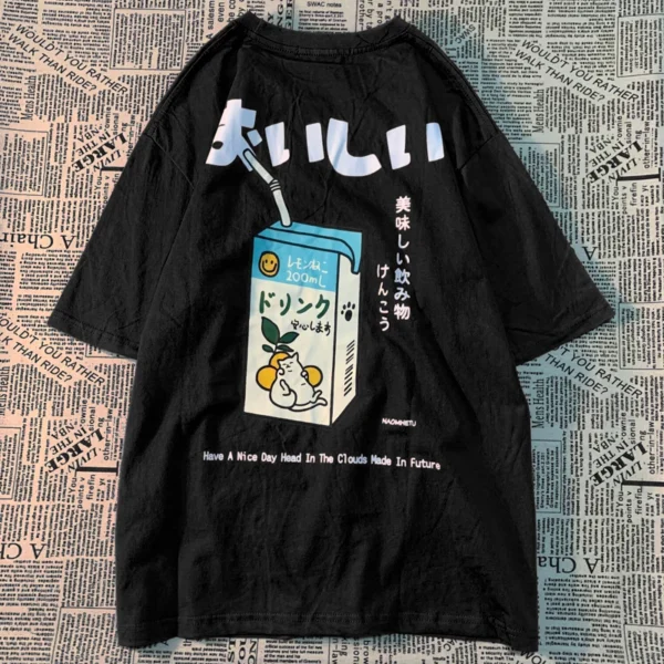 Oversized cotton t-shirt with a Japanese cat print graphic on the front