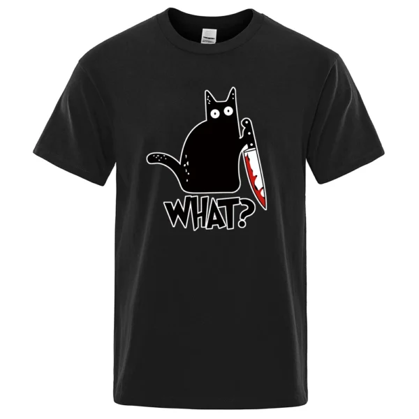 Men's black cotton t-shirt displaying a funny cartoon graphic of a white cat holding a small knife.