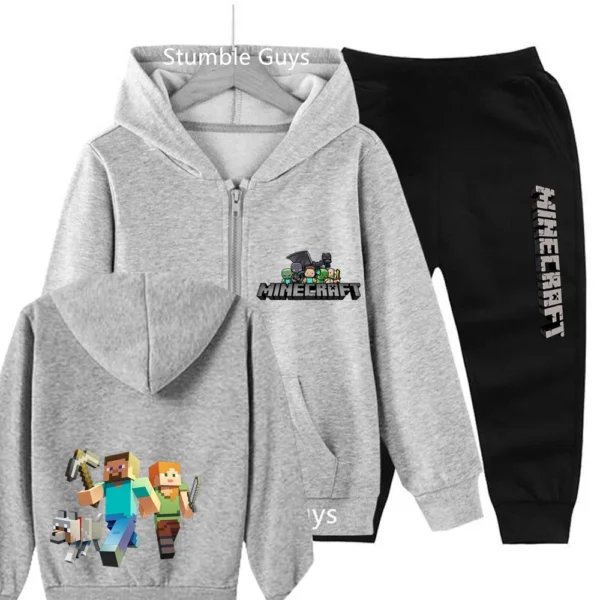 Kids cotton Minecraft pixel print zipper hoodie and matching pants set in [mention primary color if visible