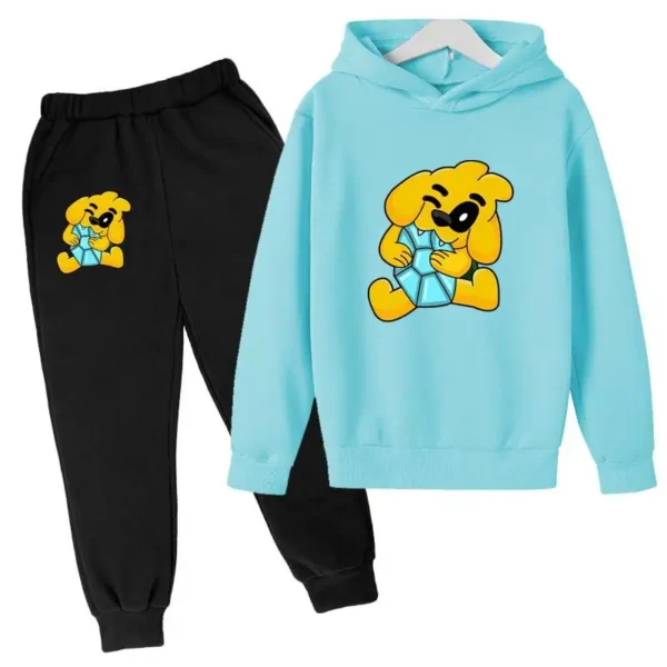 Kids tracksuit set with cute dog print on grey pullover hoodie and matching pants for boys and girls (ages 2-13).