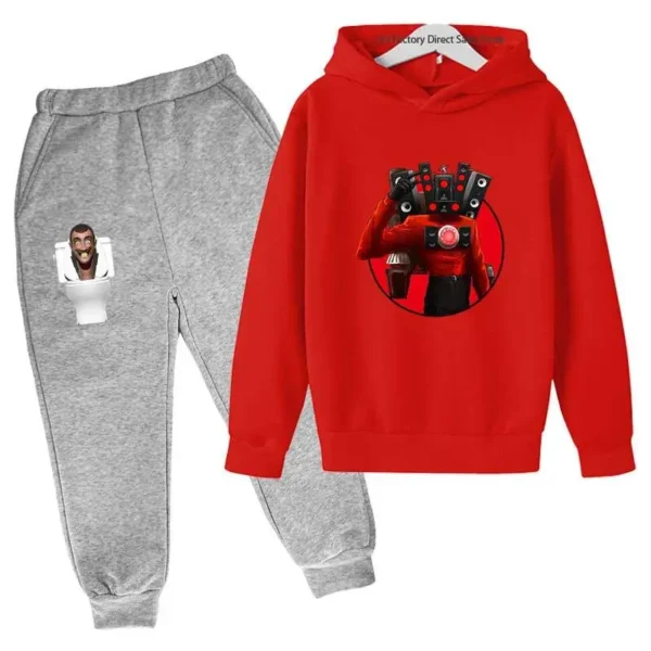 Kids Skibidi Toilet funny cartoon print hoodie and pants tracksuit set (ages 3-13) - front view. ```
