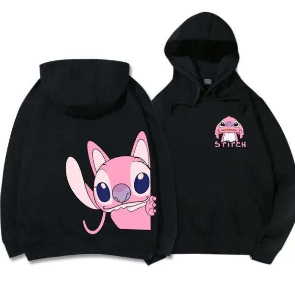 Disney hoodie featuring cute cartoon graphic of Stitch and Angel. Unisex pullover style with front pocket.