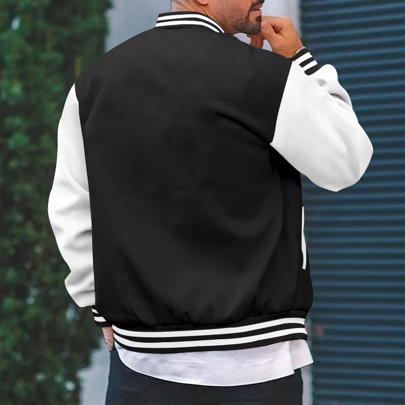 and gray color block baseball jacket.