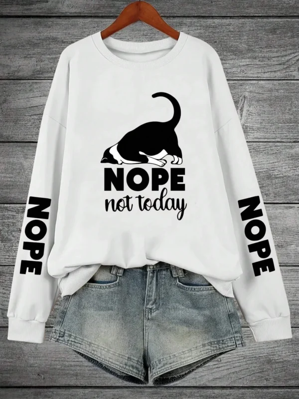 Warm fleece hoodie for women with 'Nope Not Today' cartoon cat graphic print on the front.