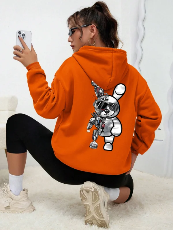 Women's Robot Rabbit Cartoon Print Fleece Hoodie