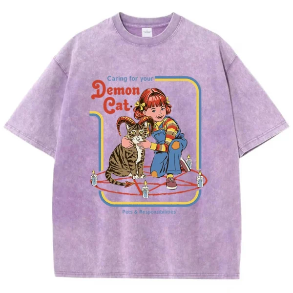 Women's black cotton t-shirt featuring a unique 'Caring For Your Demon Cat' graphic print - streetwear style.