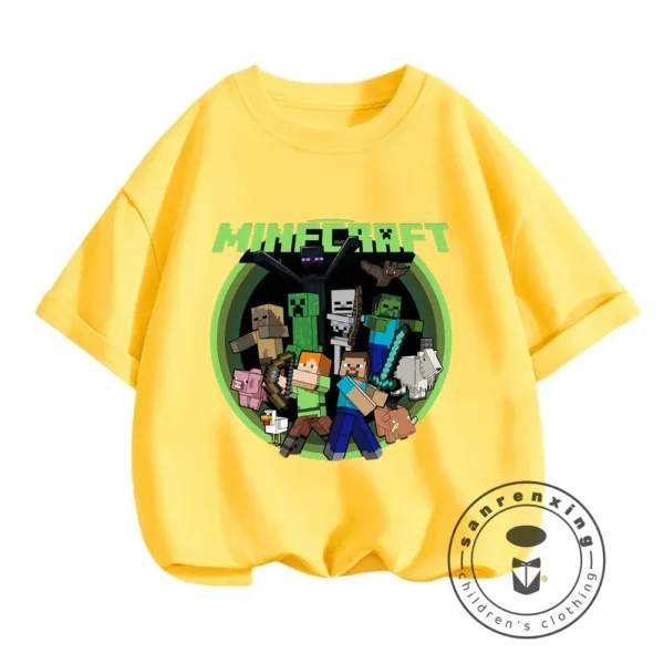 Front view of a boys short-sleeve O-neck t-shirt with a Minecraft graphic print.