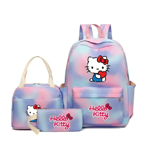 MINISO Kuromi and Cinnamoroll large capacity nylon backpack set with matching lunch bag and pencil case.