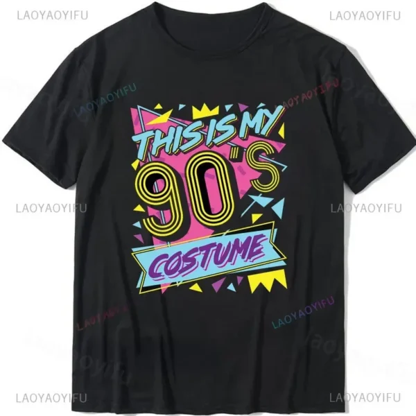 Woman wearing a white 'I Love The 90s / Take Me Back To The 90s' retro graphic tee against a plain background.