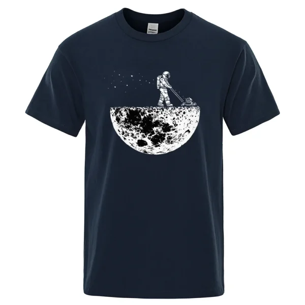 Men's oversized black cotton t-shirt displaying a funny white graphic print of an astronaut on the moon.