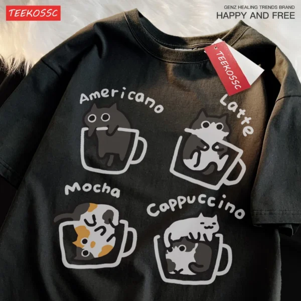 Mocha Latte Cat design printed on a soft cotton unisex t-shirt for cat and coffee lovers.