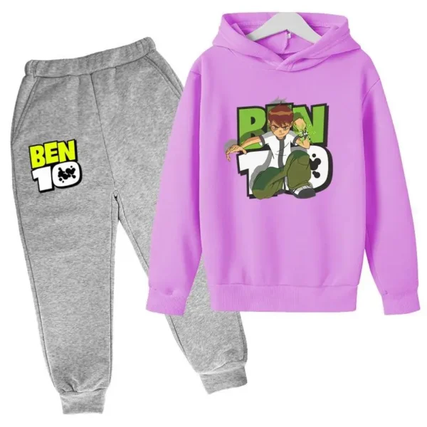 Ben 10 kids cartoon print tracksuit set with pullover hoodie and pants for boys and girls aged 2-13.