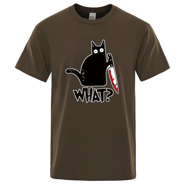 Men's black cotton t-shirt displaying a funny cartoon graphic of a white cat holding a small knife.