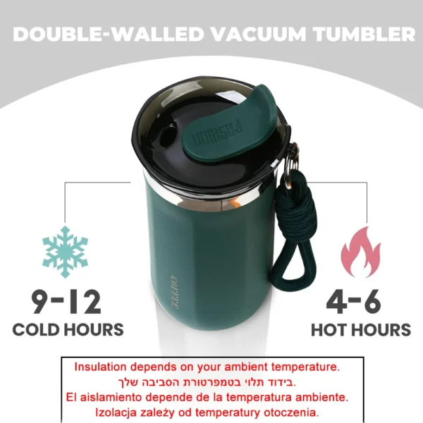 Stainless steel insulated travel mug with leakproof lid for coffee or water.