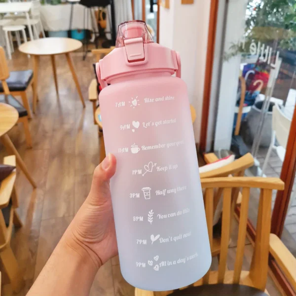 2L motivational plastic water bottle with time markers and leakproof lid for tracking daily hydration.