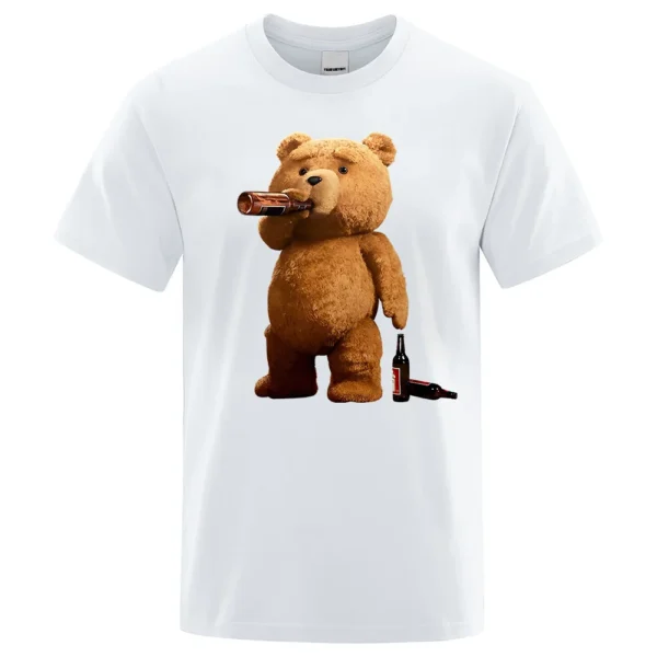 Men's grey casual t-shirt with a funny graphic print showing a cartoon teddy bear drinking a pint of beer.