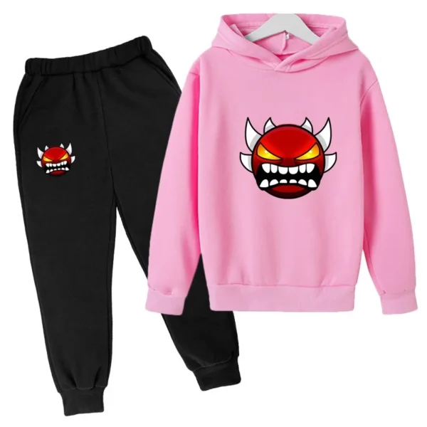 Kids cartoon geometric print pullover hoodie and matching pants tracksuit set for boys and girls.