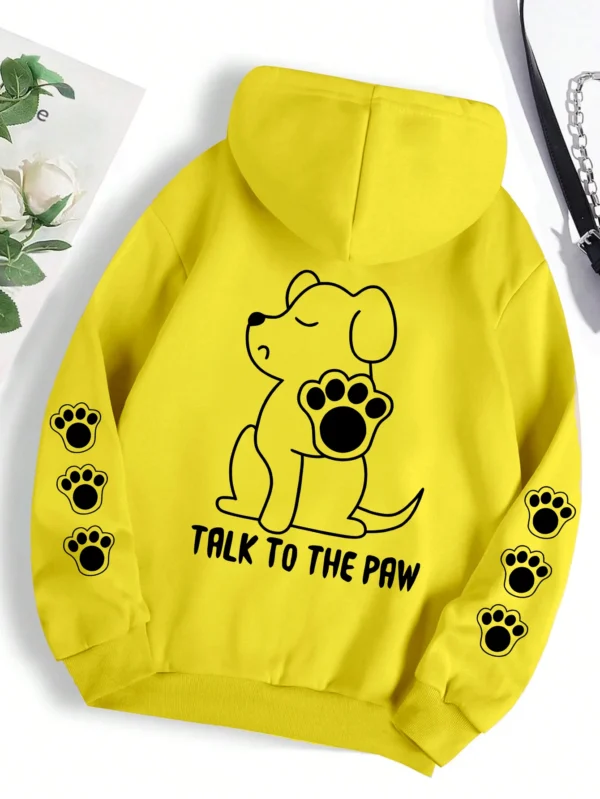 Grey pullover hoodie with warm fleece lining featuring a funny cartoon dog print that says "Talk To The Paw".
