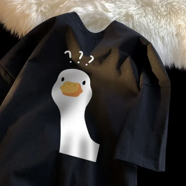 Women's white cotton t-shirt with a retro cartoon duck holding a question mark print.