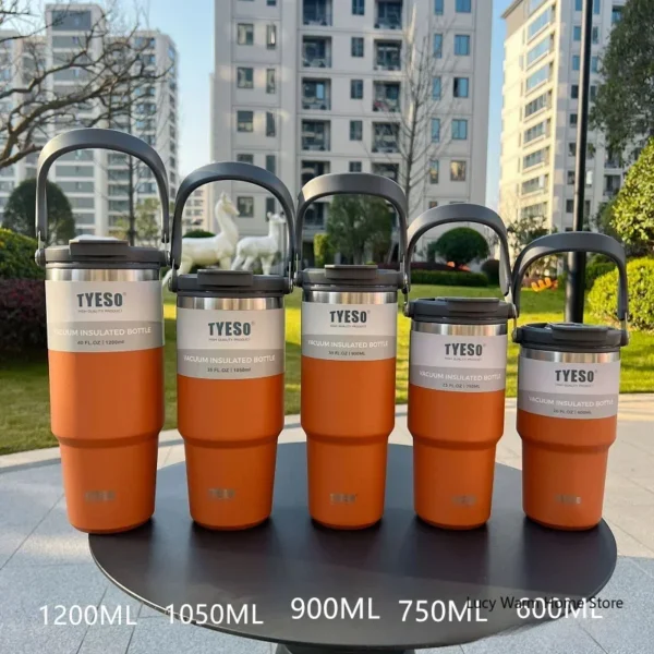 Tyeso vacuum insulated stainless steel travel mug for hot and cold drinks.