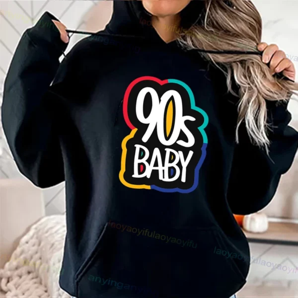 Woman wearing a vibrant neon hoodie with 'Take Me Back To The 90's' graphic print