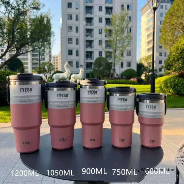 Tyeso vacuum insulated stainless steel travel mug for hot and cold drinks.