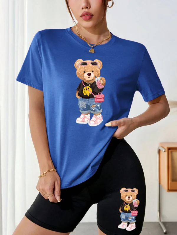 Women's bear & milk tea print t-shirt and shorts set - cute summer two piece outfit