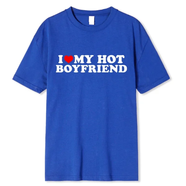 Person wearing funny black graphic tee with white 'I Love My Hot Girlfriend/Boyfriend' text print.