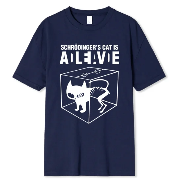 Men's black 100% cotton t-shirt with a white graphic print illustrating the Schrodinger's Cat thought experiment.