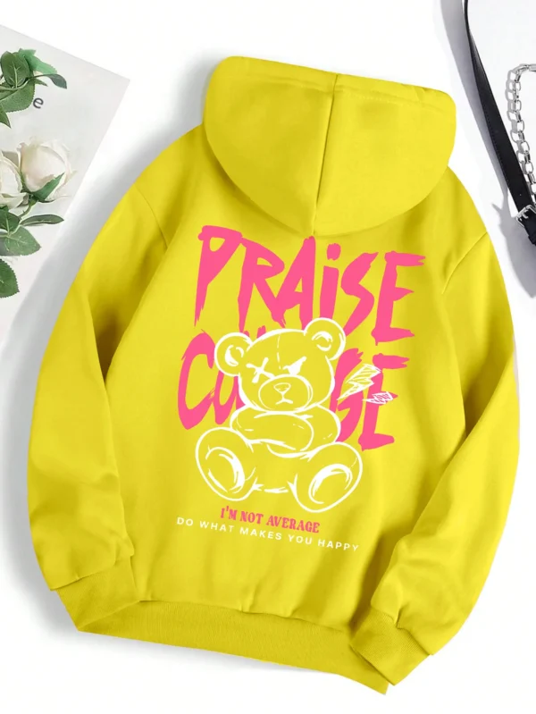 Woman wearing cute bear print fleece-lined hoodie warm autumn streetwear sweatshirt.