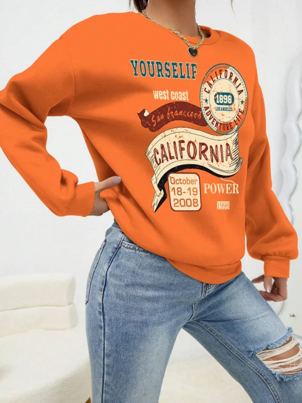 Women's loose fit fleece-lined hoodie sweatshirt with 'California Yourself' letter print on the front.