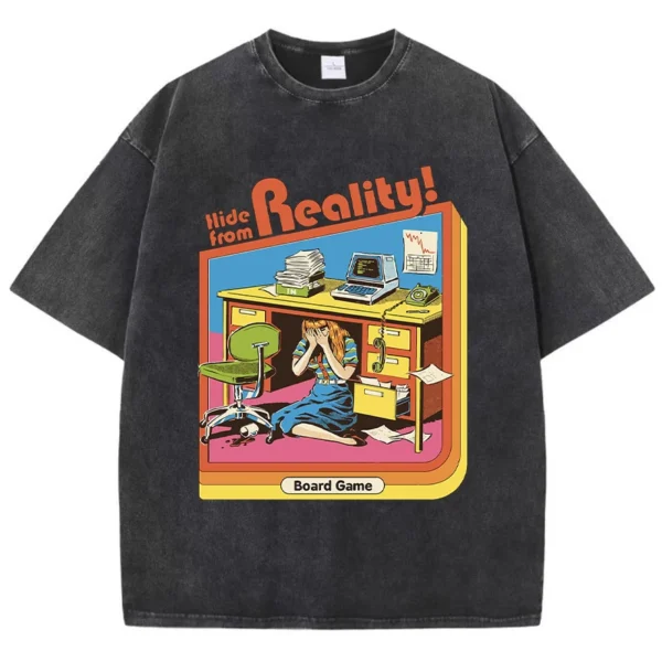 Woman wearing the 'Hide From Reality' distressed graphic print O-neck t-shirt in a soft
