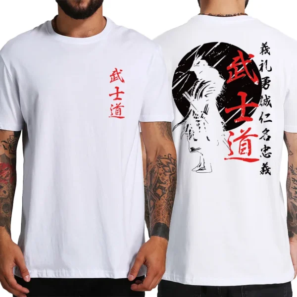 Back view of Men's oversized black t-shirt with white Japanese Samurai warrior graphic print.