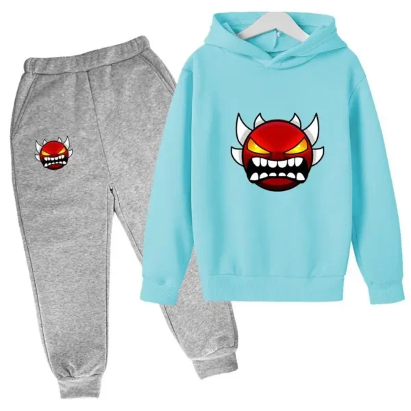 Kids cartoon geometric print pullover hoodie and matching pants tracksuit set for boys and girls.
