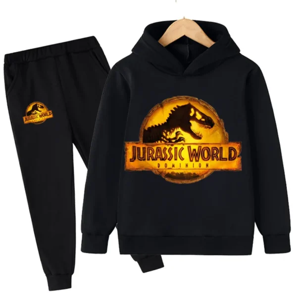 Child wearing fun dinosaur print hoodie and matching pants set - outfit for boys and girls.