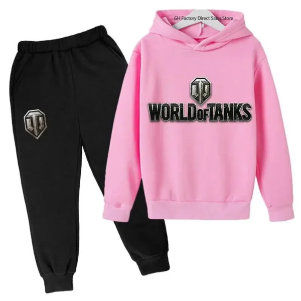 Kid wearing World of Tanks gaming tracksuit set with pullover hoodie and matching joggers - suitable for boys and girls.