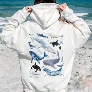 Woman wearing a comfortable blue pullover hoodie featuring a large