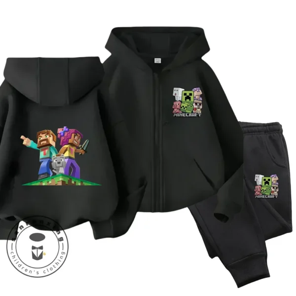 Child wearing Minecraft themed zipper hoodie and matching pants set with hood up.