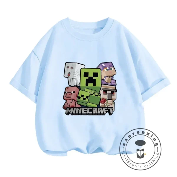 Young boy wearing a blue short-sleeve t-shirt with a large colourful graphic of the Minecraft character CatNap on the front.