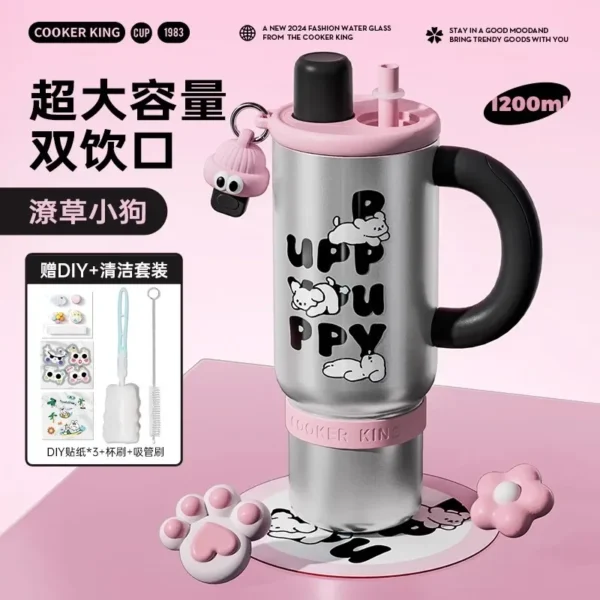 Large 1200ml silver 316 stainless steel insulated tumbler travel mug with reusable straw and secure lid.
