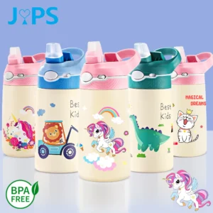 Pink and white unicorn kids insulated stainless steel water bottle 400ML BPA-free.
