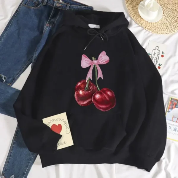 Women's Cherry Print Fleece Hoodie for Fall