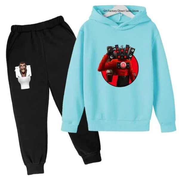 Kids Skibidi Toilet funny cartoon print hoodie and pants tracksuit set (ages 3-13) - front view. ```