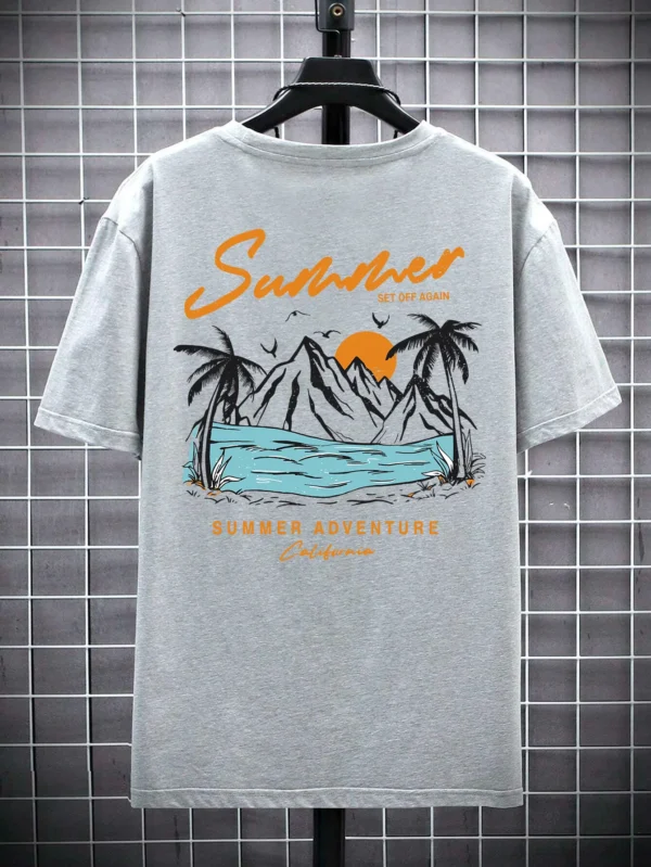 Men's oversized white cotton t-shirt with 'Set Off Again California' adventure graphic print.
