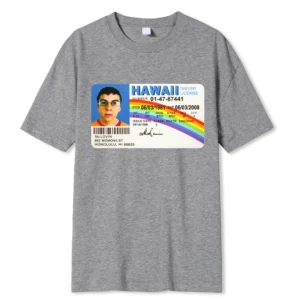 Black cotton t-shirt displaying the funny McLovin Hawaii ID card graphic from the Superbad movie.