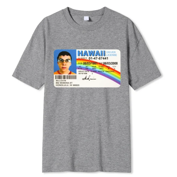 Black cotton t-shirt displaying the funny McLovin Hawaii ID card graphic from the Superbad movie.