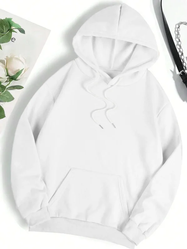 Woman wearing cute bear print fleece-lined hoodie warm autumn streetwear sweatshirt.