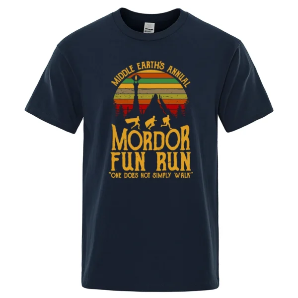 Black cotton t-shirt with white "Middle Earth's Annual Mordor Fun Run" graphic print. Funny LOTR parody design